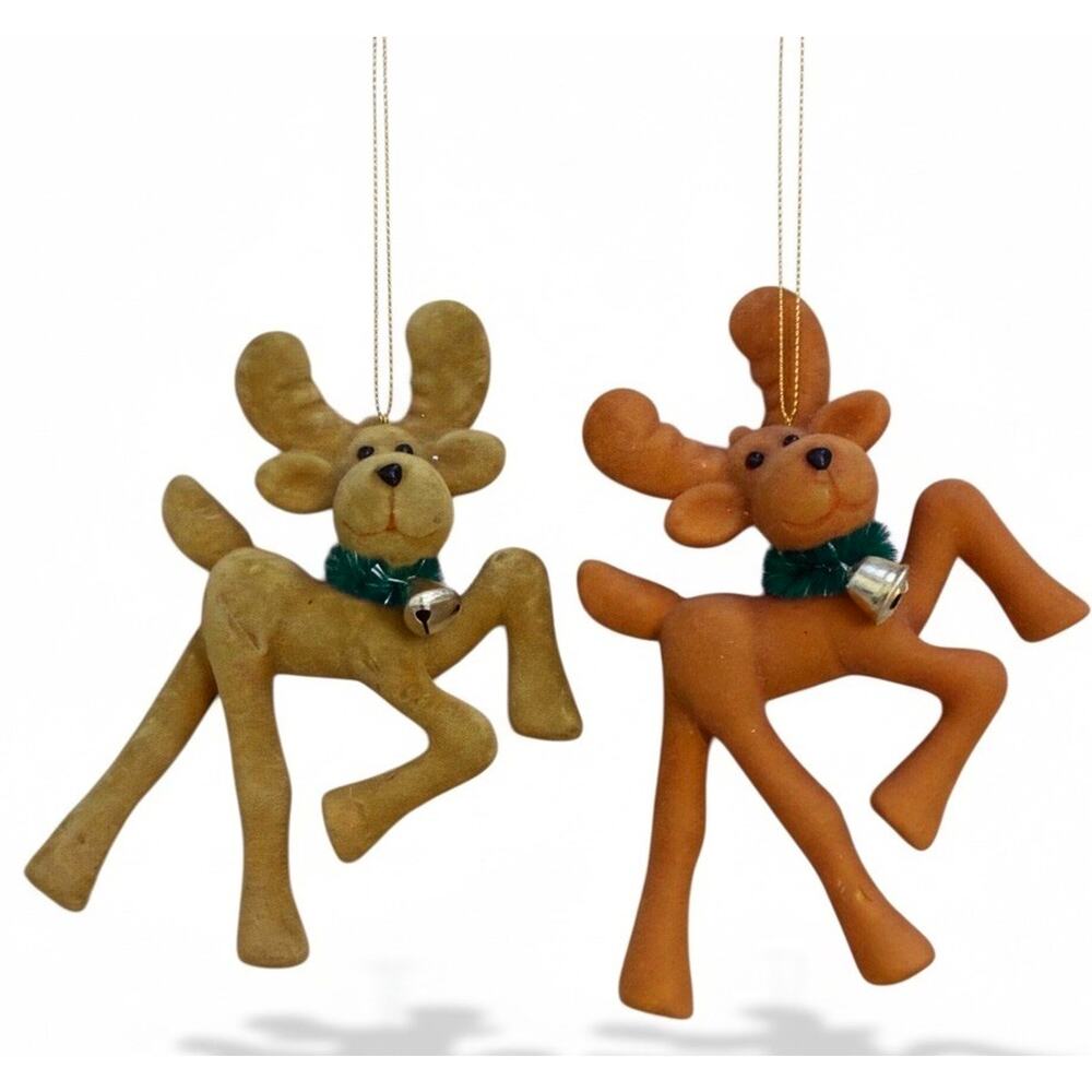 2 Vtg Flocked Reindeer Ornaments Kitschy Christmas Blow Mold Felt Bells MCM 60s